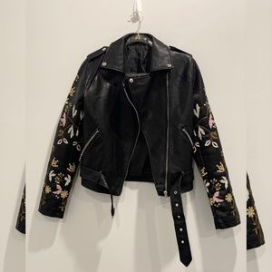 faux leather jacket W/ Floral Embroided Details
